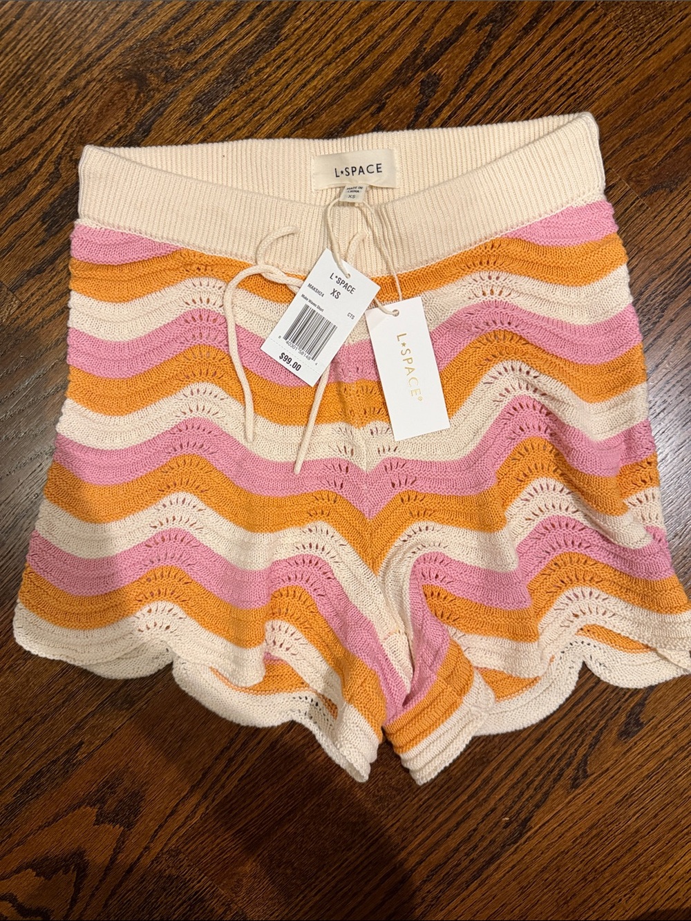 l*space Crochet Wave High-Waist Shorts in Pink, Orange & Cream